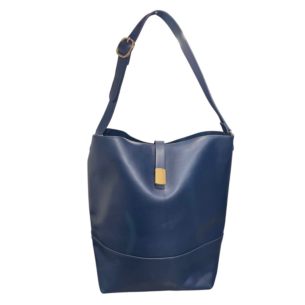 Old Navy Navy Blue Faux Leather Shoulder Bag Tote Gold Hardware Minimalist
